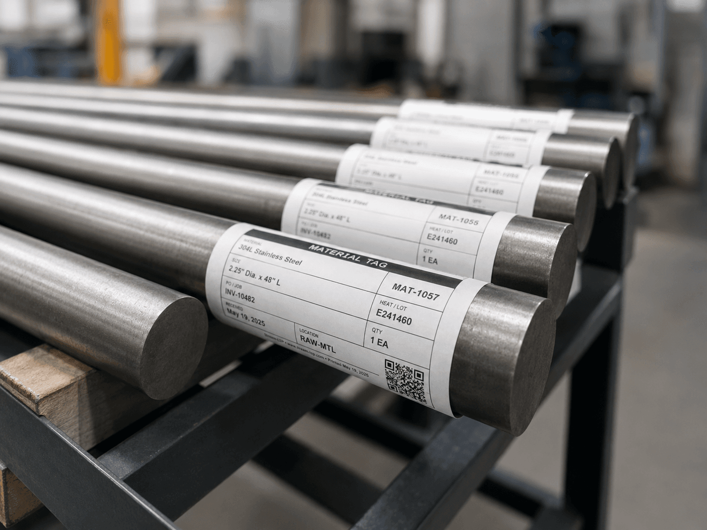 Labeled metal stock organized for traceable manufacturing use