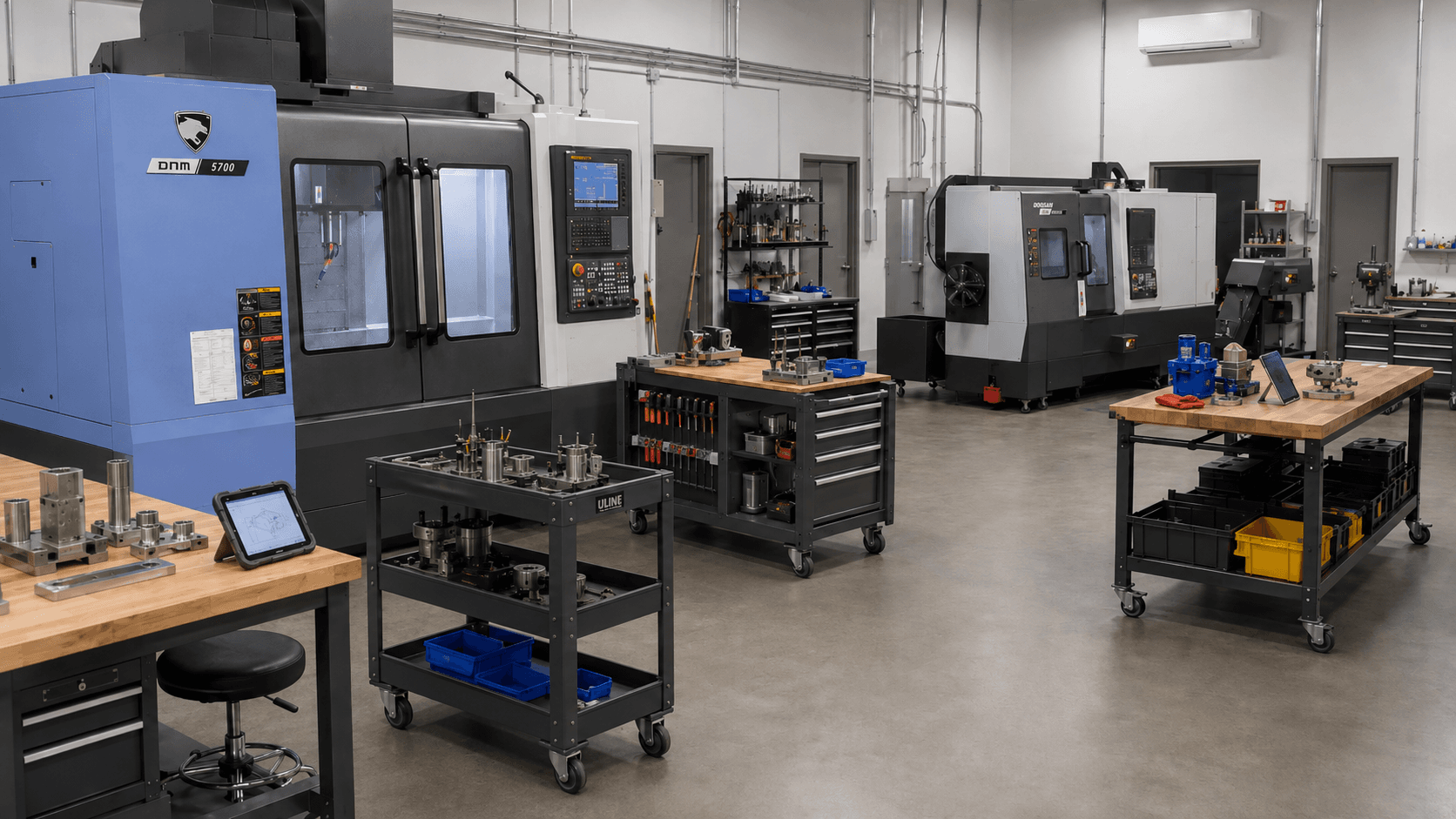 Organized manufacturing floor with CNC equipment, tooling, and live workstations